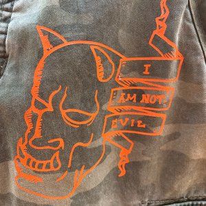 Upcycled Abercrombie and Fitch Camo/Cargo Pants with Handpainted Devil Face